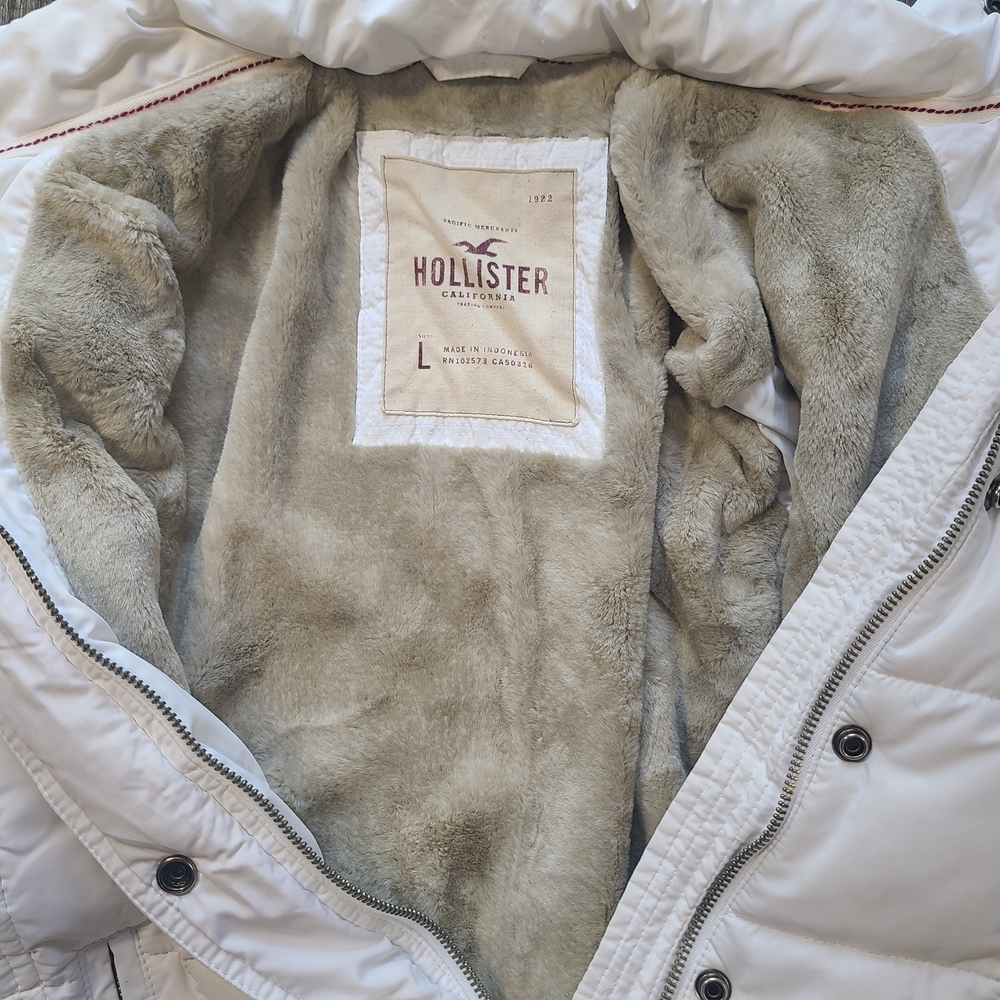Vintage Hollister White Puffer Jacket Faux Fur Fleece Lined Y2K Women’s L - Picture 6 of 11
